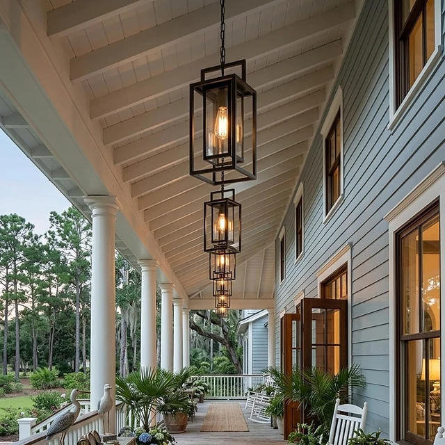 Alt view image 4 of 7 - 17" Rectangular Double Cage Outdoor & Indoor Hanging Pendant Light