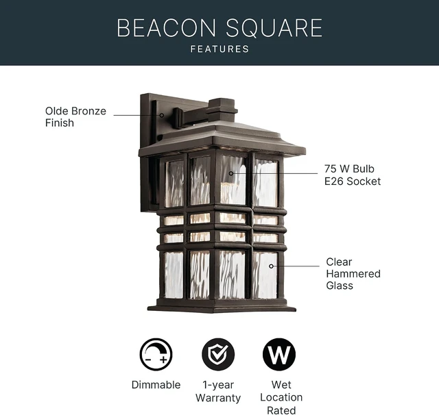 Alt view image 3 of 7 - Kichler Beacon Square 1-Light Outdoor Wall Light in Olde Bronze, Clear Hammered Glass Shade, (6.5" W x 12" H x 7.5" D), 49829OZ