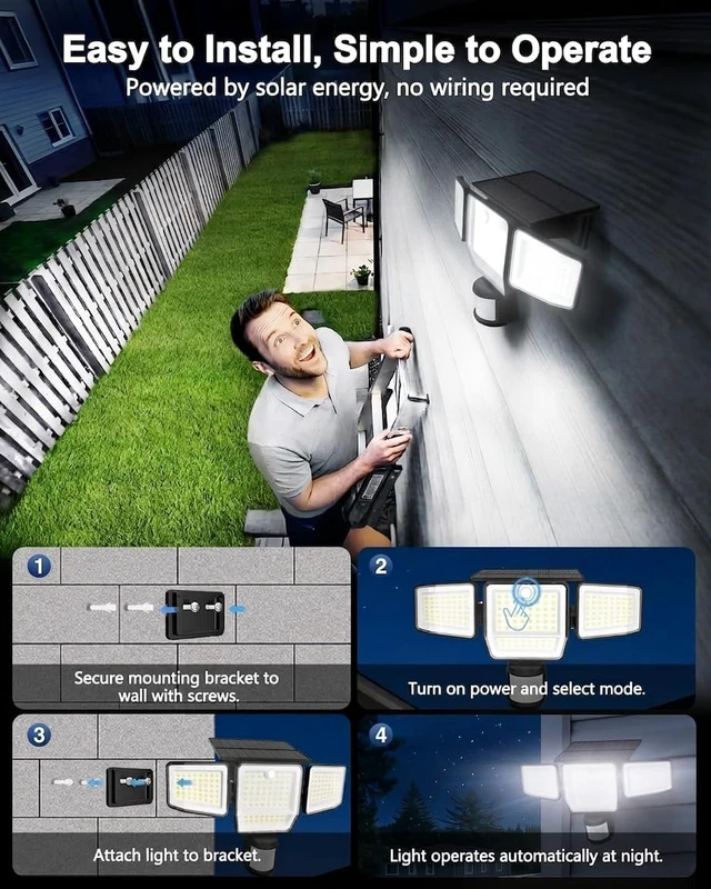 Alt view image 2 of 7 - 6000LM Solar Lights Outdoor, 4 Heads Motion Sensor Outdoor Lights, Solar Flood Lights for Yard House Outside Garage, IP65 Waterproof, 3 Modes, Easy Install, 2 Pack