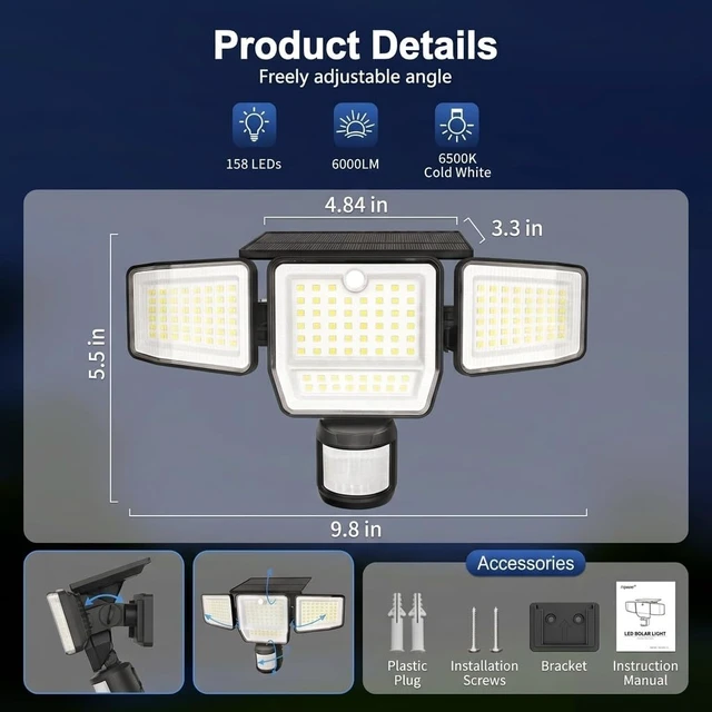 Alt view image 3 of 7 - 6000LM Solar Lights Outdoor, 4 Heads Motion Sensor Outdoor Lights, Solar Flood Lights for Yard House Outside Garage, IP65 Waterproof, 3 Modes, Easy Install, 2 Pack