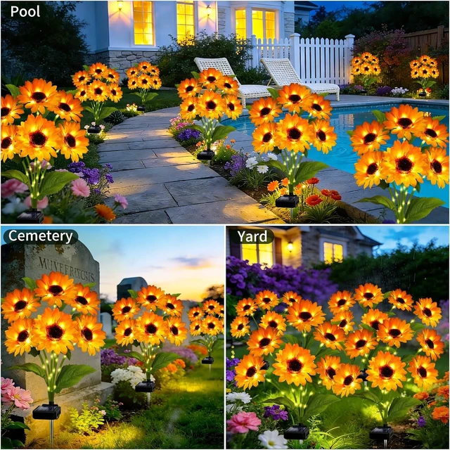 Alt view image 6 of 7 - Solar Garden Lights Outdoor, 4 Pack Solar Sunflower Lights with 24 Head 3.5 Inch Flowers, Waterproof Flowers Light Fall Decor Auto ON/Off for Thanksgiving Garden Yard Patio, Gifts for Mom Women
