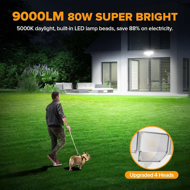 Alt view image 2 of 7 - LUTEC 80W 9000LM Flood Lights Outdoor, Hardwired Switch Controlled LED Security Lights with 4 Heads, IP65 Waterproof, 5000K Daylight for Garage, Yard, Patio (White)