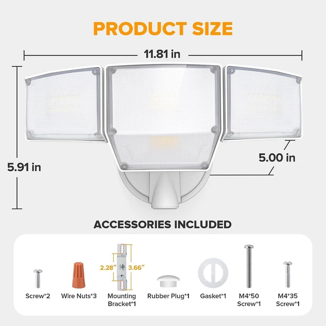 Alt view image 5 of 7 - LUTEC 80W 9000LM Flood Lights Outdoor, Hardwired Switch Controlled LED Security Lights with 4 Heads, IP65 Waterproof, 5000K Daylight for Garage, Yard, Patio (White)