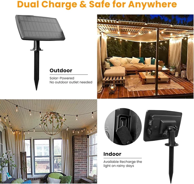 Alt view image 5 of 7 - Bdrofn 100FT Solar String Lights Outdoor Waterproof, Solar Patio Lights with Remote Control & 30+2 Dimmable ST38 Edison Bulbs Shatterproof,Solar Powered String Lights for Outside Garden Backyard