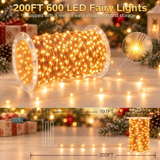 Alt view image 4 of 7 - KNONEW 203FT 600LED Outdoor Fairy Lights Plug in Warm White Christmas Decor