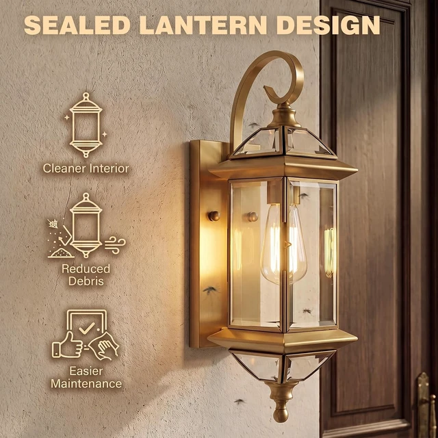 Alt view image 5 of 7 - Solid Copper Outdoor Wall Light, 18.5" Satin Brass Porch Lantern with Beveled Clear Glass, Weather-Resistant Exterior Wall Sconce for Front Door, Garage, Patio, E26 Base, 1 Pack