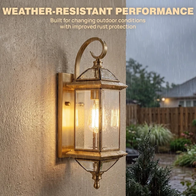 Alt view image 3 of 7 - Solid Copper Outdoor Wall Light, 18.5" Satin Brass Porch Lantern with Beveled Clear Glass, Weather-Resistant Exterior Wall Sconce for Front Door, Garage, Patio, E26 Base, 1 Pack