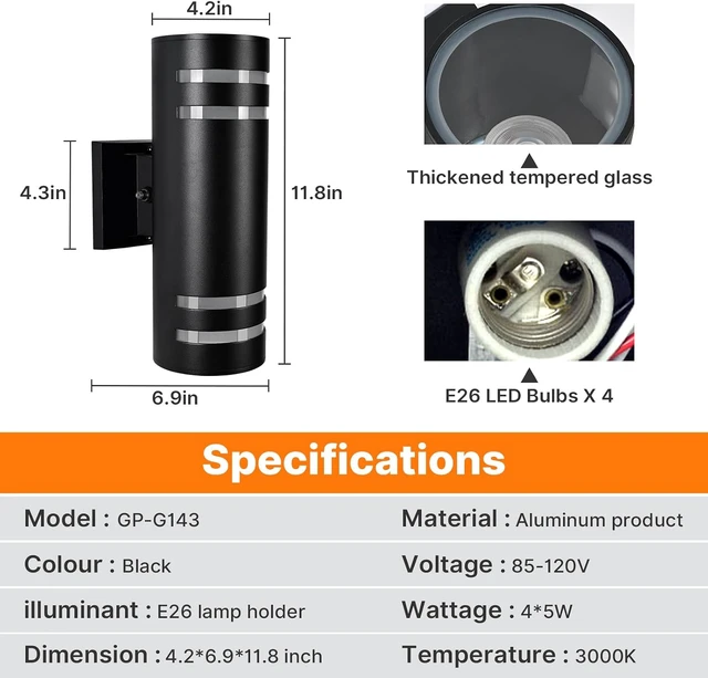 Alt view image 5 of 7 - Dusk to Dawn Wall Light 2 Pack, Modern Outdoor Wall Lights with LED Bulbs, Cylinder Black Porch Light Fixture Wall Mount, Up and Down Lighting Outdoor Wall Sconce for House Porch Door