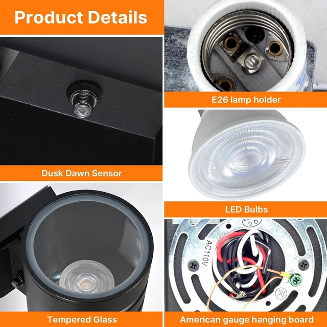 Alt view image 6 of 7 - Dusk to Dawn Wall Light 2 Pack, Modern Outdoor Wall Lights with LED Bulbs, Cylinder Black Porch Light Fixture Wall Mount, Up and Down Lighting Outdoor Wall Sconce for House Porch Door