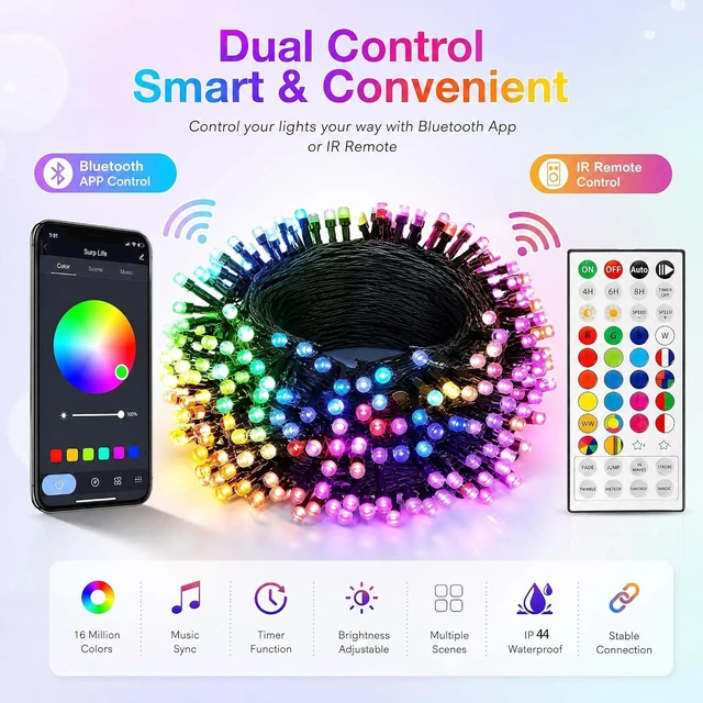 Alt view image 3 of 7 - Dazzle Bright Smart Christmas String Lights, 98FT 300 LED RGB Color Changing String Lights with Remote & App Controlled, Halloween Decorations for Indoor Outdoor Holiday Xmas Tree Party Decor