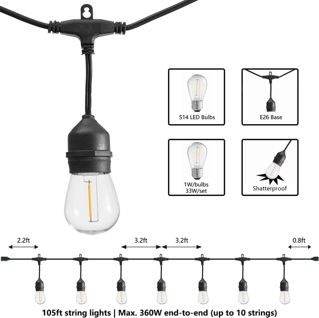Alt view image 2 of 7 - SUNTHIN 105FT Outdoor String Lights with 34 1W LED Bulbs