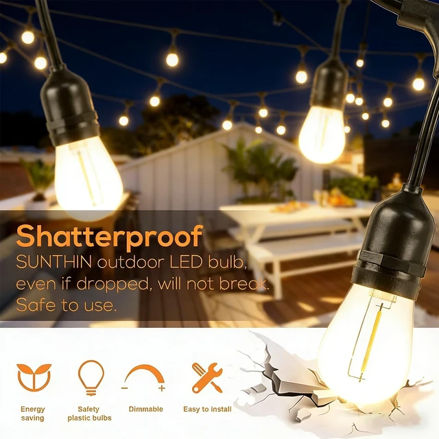 Alt view image 5 of 7 - SUNTHIN 105FT Outdoor String Lights with 34 1W LED Bulbs