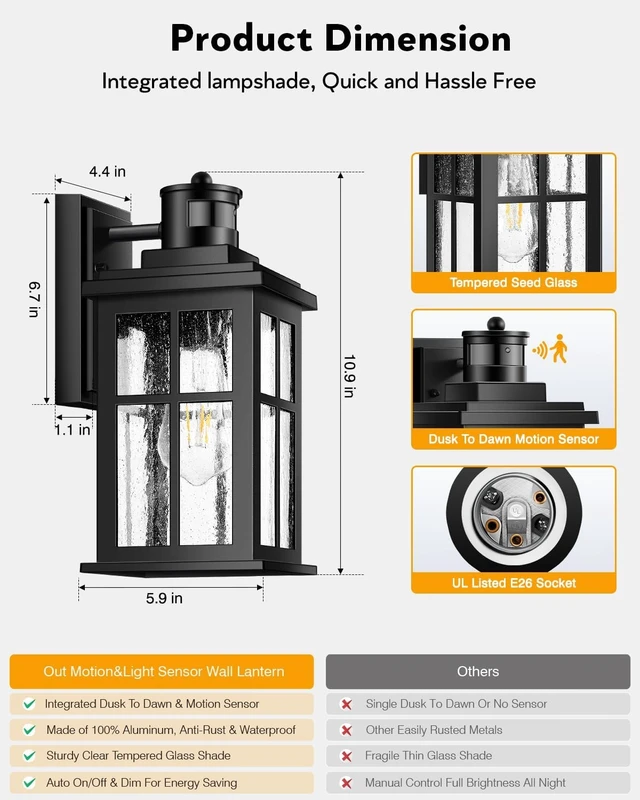Alt view image 7 of 7 - VIANIS Motion Sensor Porch Lights Outdoor, Black Exterior Lighting Fixtures