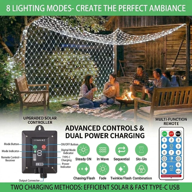 Alt view image 2 of 7 - Pooqla Solar Net Lights, 10x10ft 280LED Gazebo Net Lights Outdoor with 8 Modes, Solar & USB Powered Waterproof String Lights Clear Wire, Chandelier for Pergolas, Patio, Bush, Backyard Decor Cool White