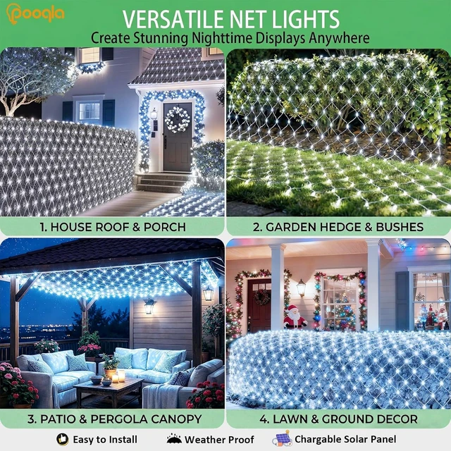 Alt view image 6 of 7 - Pooqla Solar Net Lights, 10x10ft 280LED Gazebo Net Lights Outdoor with 8 Modes, Solar & USB Powered Waterproof String Lights Clear Wire, Chandelier for Pergolas, Patio, Bush, Backyard Decor Cool White