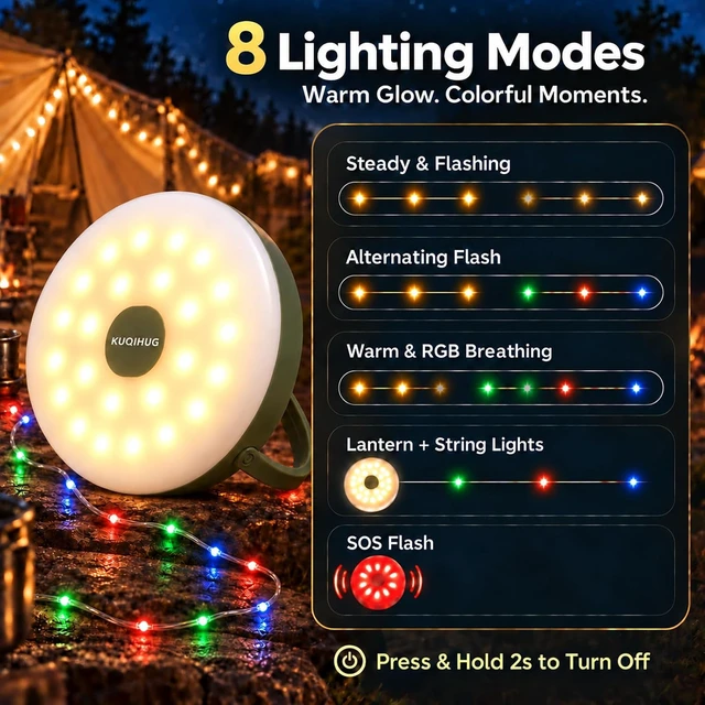 Alt view image 2 of 7 - Camping String Lights, 32.8FT Rechargeable with Storage Reel, 8 Modes