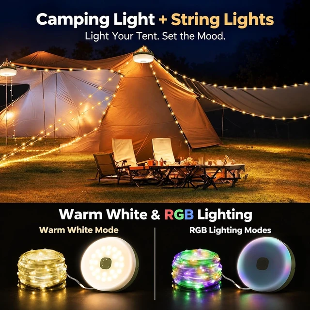 Alt view image 3 of 7 - Camping String Lights, 32.8FT Rechargeable with Storage Reel, 8 Modes