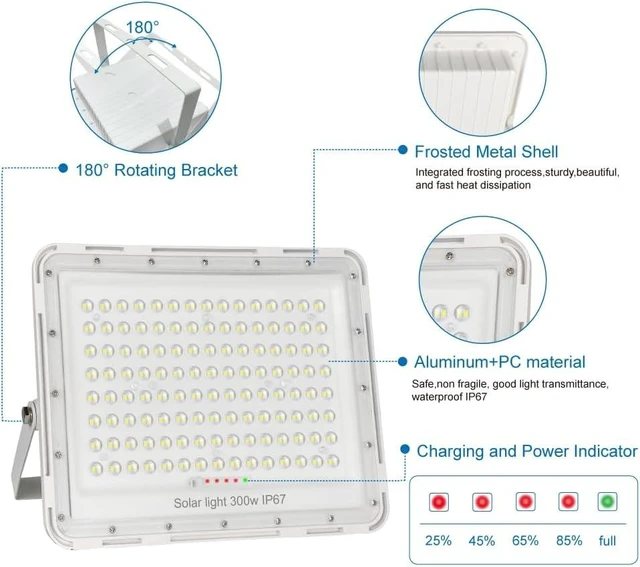 Alt view image 7 of 7 - 300W LED Solar Flood Lights,24000Lumens Street Flood Light Outdoor IP67 Waterproof with Remote Control Security Lighting for Yard, Garden, Gutter, Swimming Pool, Pathway, Basketball Court, Arena