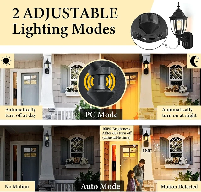 Alt view image 4 of 7 - Porch Lights Outdoor Motion Sensor Wall Sconce Anti-Rust Aluminum, Exterior Outdoor Wall Lights Dusk to Dawn Porch Light Fixture Wall Mount for House Outside Patio