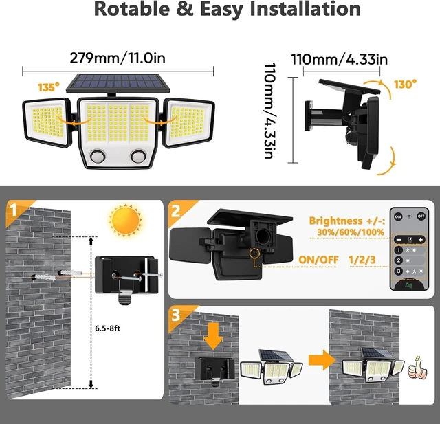 Alt view image 6 of 7 - MDCMDCM Solar Motion Sensor Outdoor Lights Waterproof - 3000LM 3 Modes Security Lights Outdoor 270° Illumination IP65 LED Solar Flood Wall Light for Garden Yard Patio Pathway