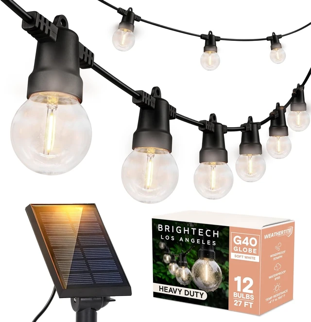 Main image of Brightech Ambience Pro Solar Powered Outdoor String Lights - 27 Ft Commercial Grade Waterproof Patio Lights with Edison Globes, Shatterproof LED String Lights for Patio - 12 Bulbs, 1W, Soft White