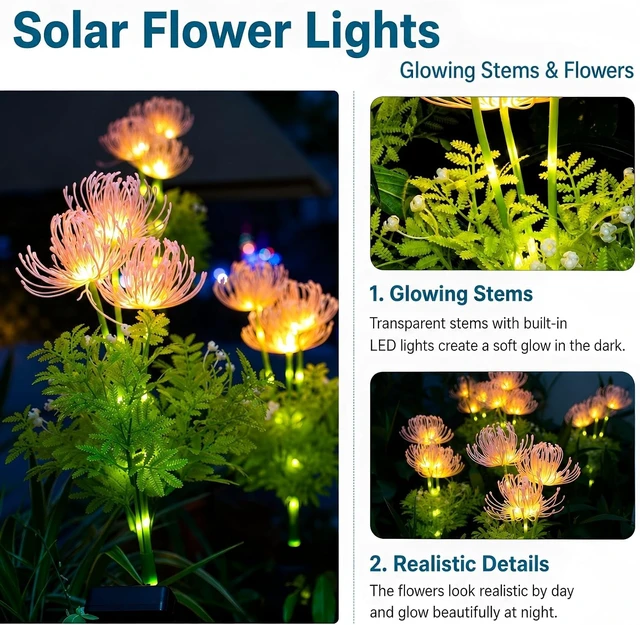 Alt view image 2 of 7 - Solar Garden Lights Outdoor, LED Glowing Flower & Stem (4 Pack)