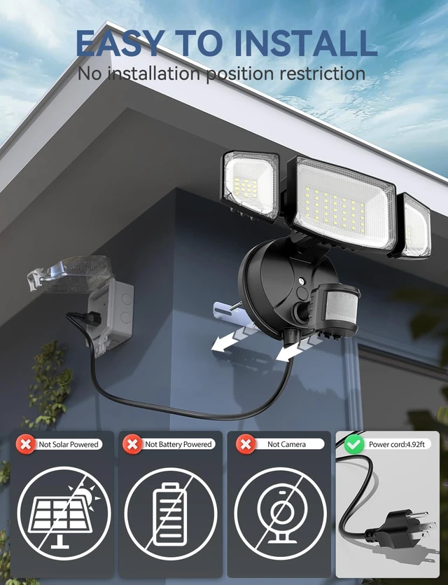 Alt view image 2 of 7 - Olafus 50W Motion Sensor Outdoor Light Plug in, Flood Lights Dusk to Dawn, 5000LM LED Security Light IP65 Waterproof, Motion Activated 6500K PIR Sensor Lighting for Garage Yard Patio Eave, Black