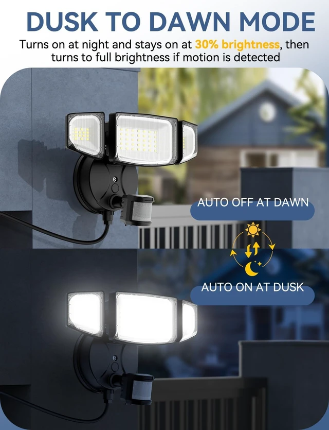 Alt view image 3 of 7 - Olafus 50W Motion Sensor Outdoor Light Plug in, Flood Lights Dusk to Dawn, 5000LM LED Security Light IP65 Waterproof, Motion Activated 6500K PIR Sensor Lighting for Garage Yard Patio Eave, Black