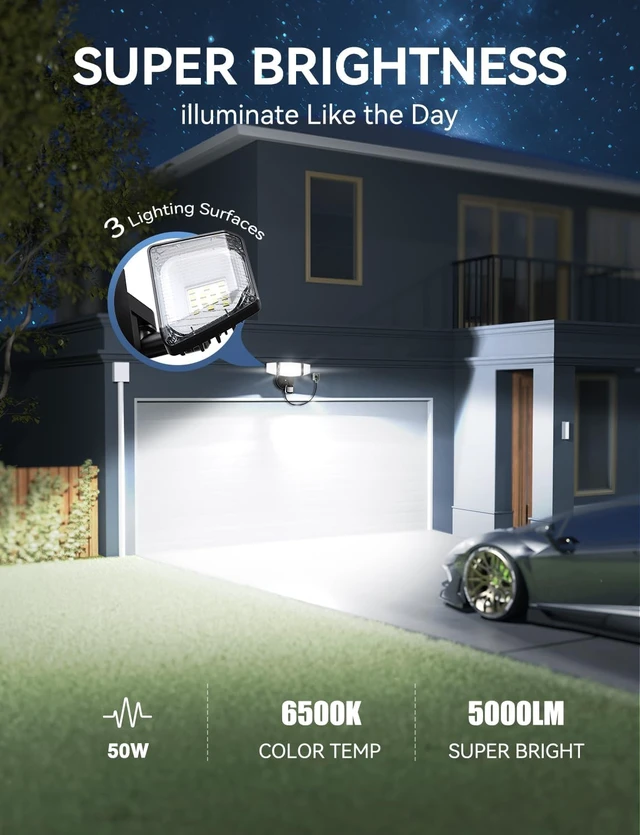 Alt view image 5 of 7 - Olafus 50W Motion Sensor Outdoor Light Plug in, Flood Lights Dusk to Dawn, 5000LM LED Security Light IP65 Waterproof, Motion Activated 6500K PIR Sensor Lighting for Garage Yard Patio Eave, Black