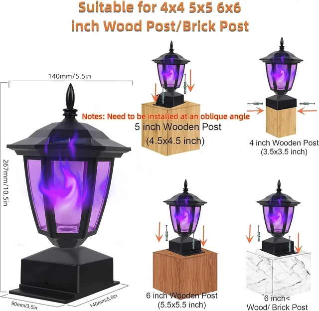 Alt view image 3 of 7 - Dynaming Solar Flame Post Cap Lights Outdoor, Halloween Flickering Purple Flame Post Lights, Solar Powered LED Lantern Waterproof for Garden Deck Fence Patio, Fit 4x4, 5x5 or 6x6 Wooden Posts, 4 Pack