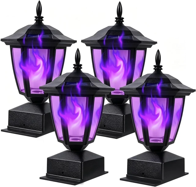 Main image of Dynaming Solar Flame Post Cap Lights Outdoor, Halloween Flickering Purple Flame Post Lights, Solar Powered LED Lantern Waterproof for Garden Deck Fence Patio, Fit 4x4, 5x5 or 6x6 Wooden Posts, 4 Pack