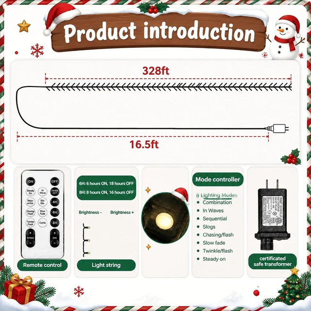 Alt view image 2 of 7 - TW SHINE 1000 LED Christmas Lights, 328FT Christmas Tree Lights Outdoor Plug in with 8 Modes, Remote Waterproof Xmas String Lights Indoor Decorations for House Yard Decor, Multi-Colored