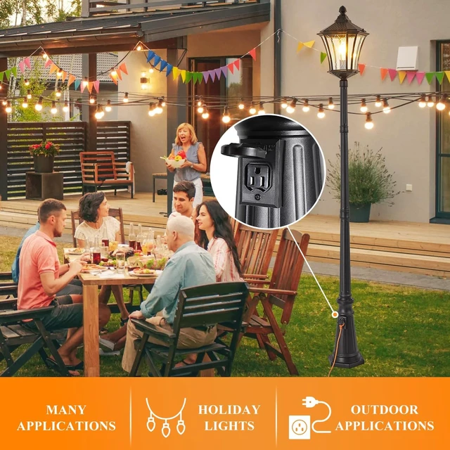 Alt view image 5 of 7 - Outdoor Lamp Post Lights with Outlet, Dusk to Dawn Pole Lamp with Patterned Glass, Aluminum Waterproof Outside Street Light with Plug, Hardwired Black Light Pole for Backyard, Garden, Driveway