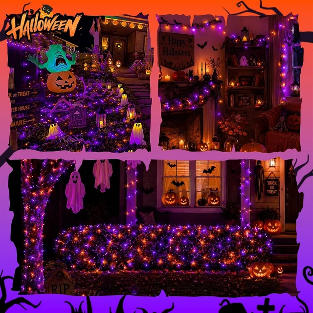 Alt view image 2 of 7 - YEGUO 500 LED Halloween String Lights Outdoor Waterproof, 165ft Green Wire Orange and Purple Tree Lights Indoor with Timer Memory 8 Modes for Patio Garden Halloween Decorations