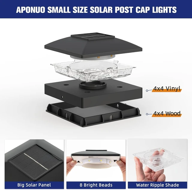 Alt view image 3 of 6 - APONUO Solar Post Cap Lights for 4x4 Posts - IP64 Waterproof, 6500K LED, No-Wire Fence Lights & Deck Lights for Patio Garden Yard Patio, Black-Cool White, 12 Pack