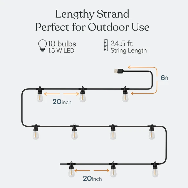 Alt view image 3 of 7 - Brightech Ambience Pro USB Powered String Lights - 24 Ft Commercial Grade Waterproof String Lights, Outdoor Shatterproof Patio Lights for Camping, Christmas, Backyard, Porch - 1W LED Soft White Light