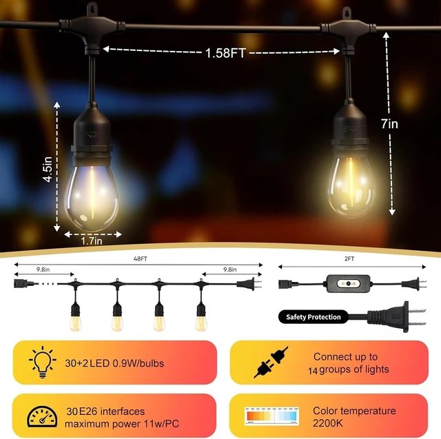Alt view image 2 of 6 - 50FT Outdoor String Lights Waterproof with 30+2 Bulbs (1.5FT Bulbs Spacing), Remote & Dimmer, Commercial Grade Patio Lights with 3 Mode Light & Timing,100PC Ties for Outside