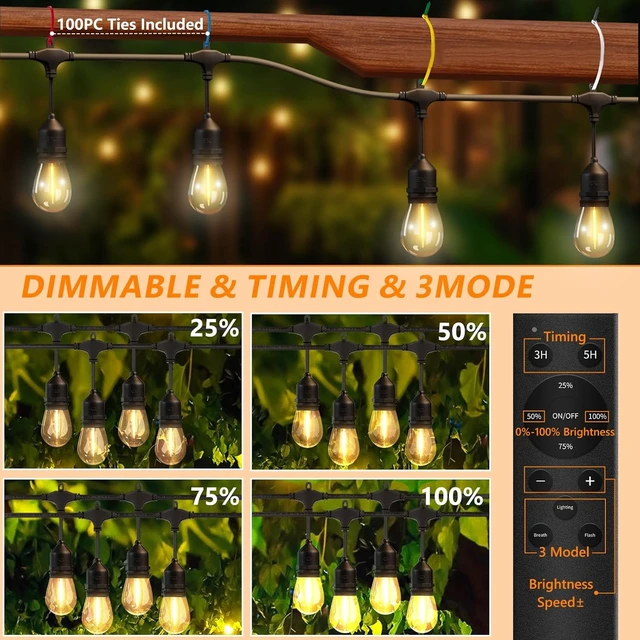 Alt view image 4 of 6 - 50FT Outdoor String Lights Waterproof with 30+2 Bulbs (1.5FT Bulbs Spacing), Remote & Dimmer, Commercial Grade Patio Lights with 3 Mode Light & Timing,100PC Ties for Outside