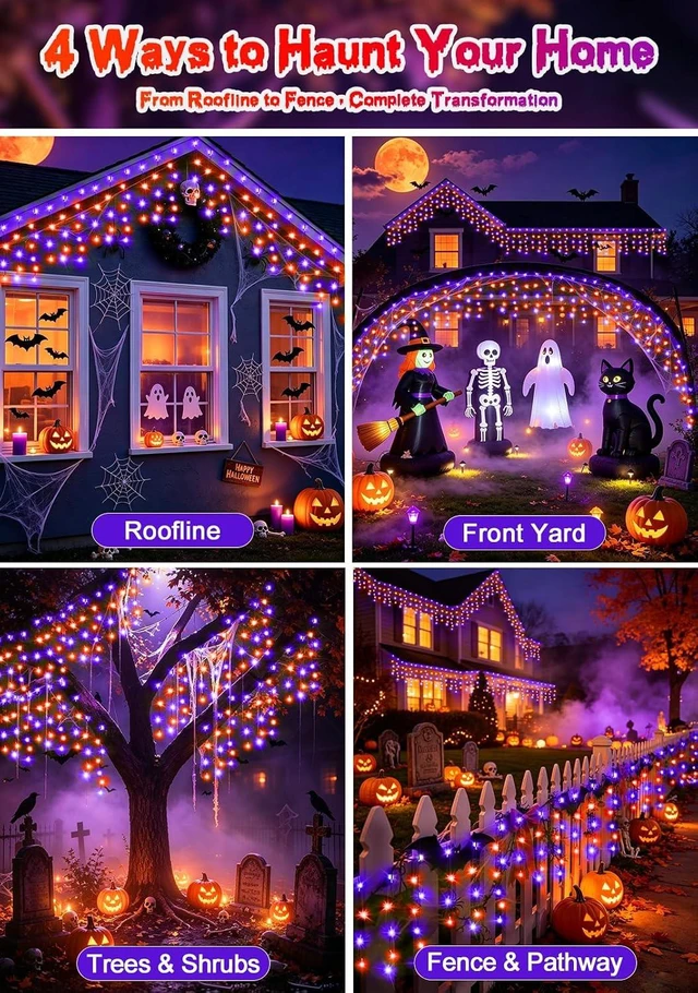 Alt view image 7 of 7 - 66FT 640LED Orange Purple Halloween Lights Outdoor 8 Modes Plug-in
