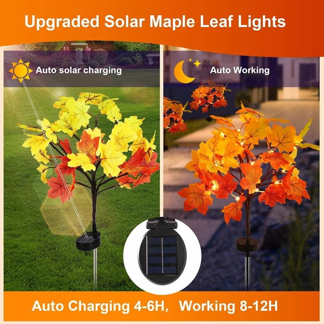 Alt view image 4 of 7 - 4Pack Fall Solar Lights Outdoor Waterproof,80LED 160 Maple Leaves Solar Garden Lights Outside, Autumn Artificial Tree Pathway Lights for Patio,Halloween,Thanksgiving,Fall Decoration