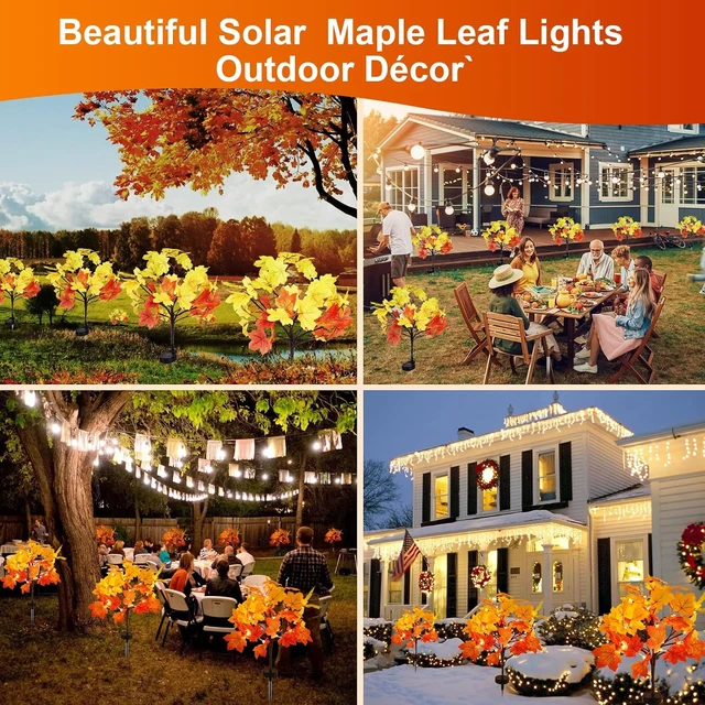 Alt view image 7 of 7 - 4Pack Fall Solar Lights Outdoor Waterproof,80LED 160 Maple Leaves Solar Garden Lights Outside, Autumn Artificial Tree Pathway Lights for Patio,Halloween,Thanksgiving,Fall Decoration