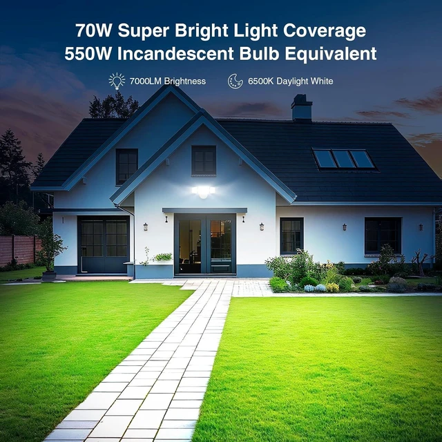 Alt view image 4 of 7 - Onforu 70W LED Dusk to Dawn Outdoor Lighting,2 Packs 7000LM Exterior Flood Lights,IP65 Waterproof Outdoor 3 Adjustable Heads Photocell White Lights Fixture,6500K Daylight White Floodlights(White)
