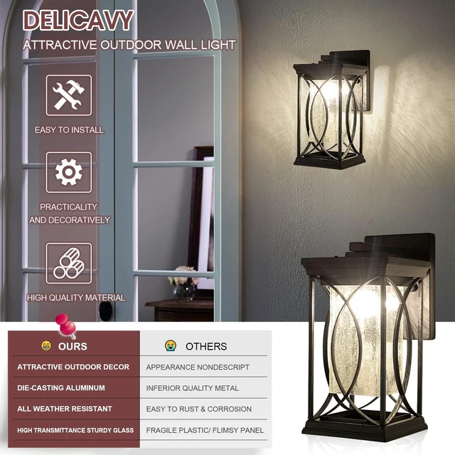 Alt view image 6 of 7 - Dusk to Dawn Modern Outdoor Coach Lantern Exterior Light Fixtures Black Aluminum with Crack-Like Glass Waterproof Wall Sconce Mission Outside Light for House Front Porch Lighting
