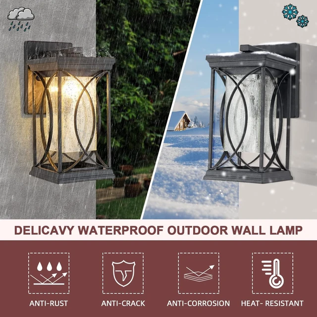 Alt view image 7 of 7 - Dusk to Dawn Modern Outdoor Coach Lantern Exterior Light Fixtures Black Aluminum with Crack-Like Glass Waterproof Wall Sconce Mission Outside Light for House Front Porch Lighting