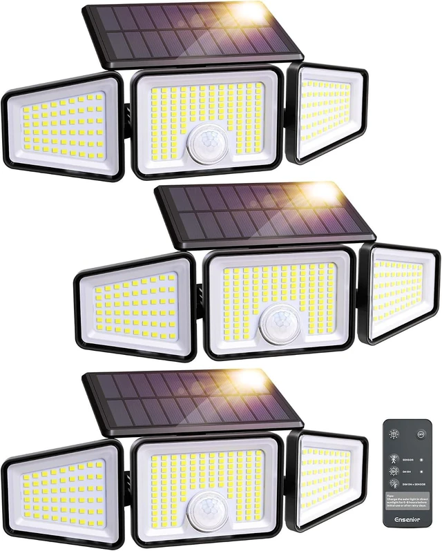 Main image of Ensenior Solar Motion Sensor Flood Light with Remote, Black, 3-Pack