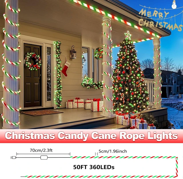 Alt view image 5 of 7 - Toodour Christmas Candy Cane Lights, 50ft 360 LED Candy Cane Rope Lights Outdoor with 8 Modes, Connectable, Timer, Waterproof Red White Green Christmas Light for Garden Patio Bedroom Party Xmas Decor