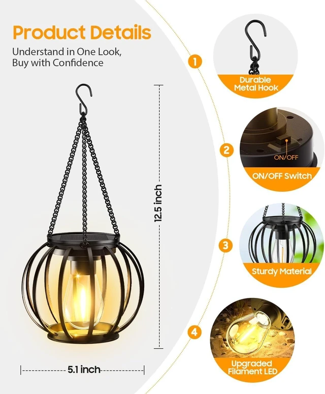 Alt view image 7 of 7 - KOOPER Solar Lanterns Outdoor Waterproof, Upgraded Metal Hanging Solar Lights Outdoor Lanterns, Brighter Auto On/Off Outdoor Hanging Lantern for Yard Patio Pathway Porch Garden Decor 2 Pack