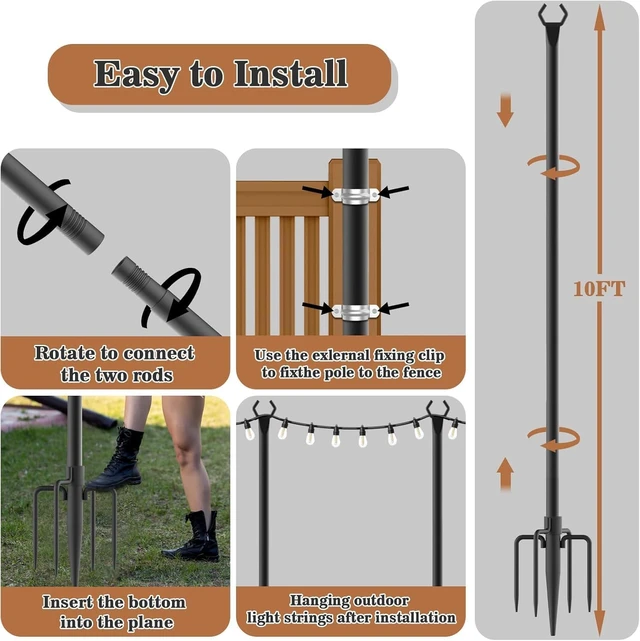 Alt view image 7 of 7 - NUERPO String Light Poles,Metal Poles for Hanging Outdoor Light Strings, Light Poles Stand for Outside Garden,Patio,Wedding,Backyard,Deck,Party (2 Pack 10 FT Light Poles)