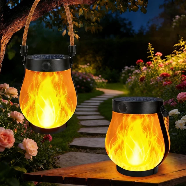 Main image of 2 Pack Solar Lanterns Outdoor Waterproof, Flickering Flame Hanging Lanterns
