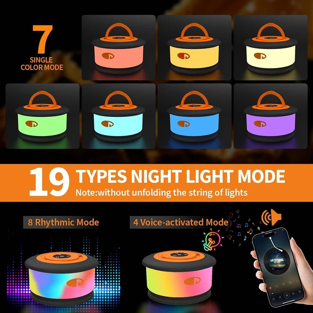 Alt view image 2 of 7 - TOHETO Camping String Lights, 3 in 1 Upgraded Retractable RGB Outdoor String Lights with 19 Lighting Modes,Quick 30s Recovery, 32.8 FT Portable Tent Lights, Rechargeable Camping Lantern (Black&Orange)